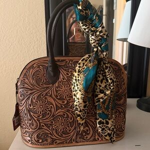 New Western Linen Alma Embossed Brown Leather Bag